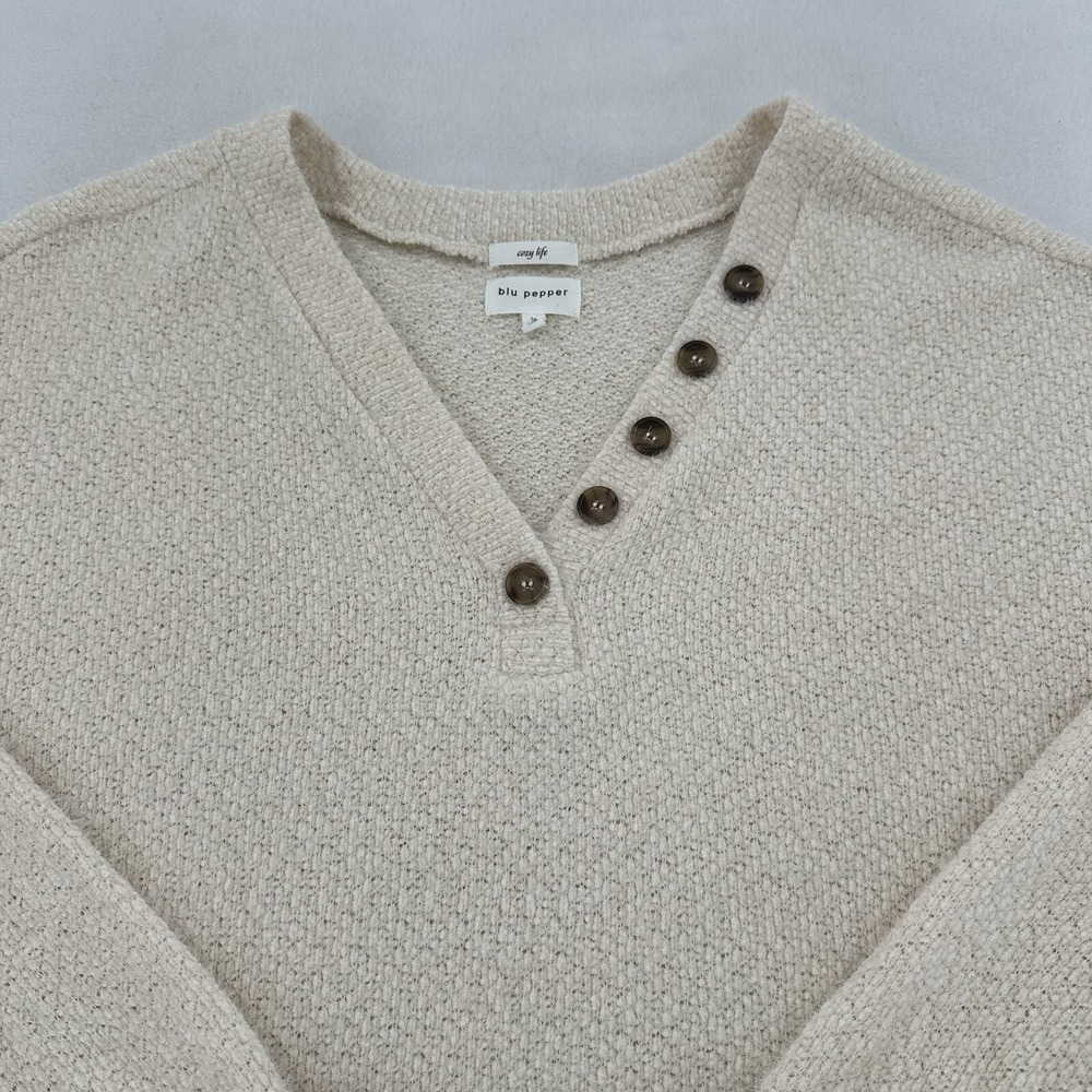Blu Pepper Cozy Life Henley Sweater Cream Textured Knit V-Neck Cozy Womens M - Picture 3 of 9